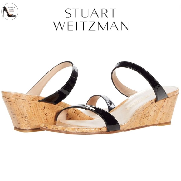 Stuart Weitzman Aleena 50 wedge Black patent leather sandals pumps mules 6.5 - Picture 2 of 13